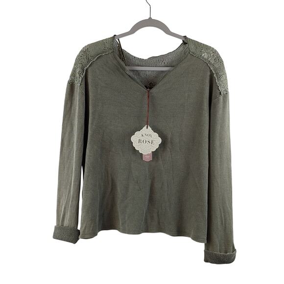 Knox Rose Thermal Lace Top Long Sleeve Green S Layer Boho Split V Neck Cuffed - Picture 1 of 9